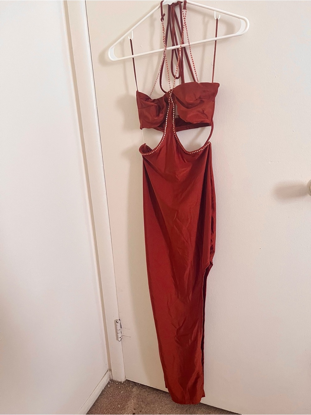 Kimcine Curve Burnt Orange Rhinestone Cutout Halter Bodycon Maxi Dress Small